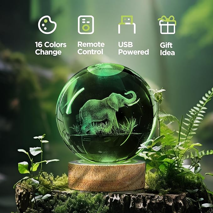 3D Elephant Crystal Ball Night Light Elephant Gifts for Women 3.15 in Figurine Glass Ball Lamp with 16 Color, Home Room Decor Birthday Christmas Gifts for Boy Girl (Upgraded)