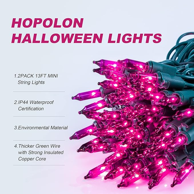 Hopolon Halloween Purple String Lights, 2PACK 50 Mini Fairy Lights Set, Green Wire 13Ft Traditional Halloween Holiday Décor for Home, Christmas Tree, Bedroom, Patio, Wedding (2pcs Purple)