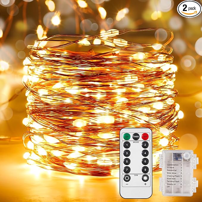 2 Pack 32.8 Ft. Battery Operated Outdoor String Lights with Remote & Timer, LED Warm White Fairy Lights, Waterproof Twinkle Lights for Bedroom, Dorm, Mason Jar, Wedding, Party, Christmas