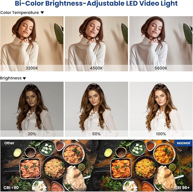 NEEWER 2 Pack Bi Color 660 LED Video Light and Stand Kit: (2) 3200-5600K CRI 96+ Dimmable Light with U Bracket and Barndoor, (2) 75 inches Light Stand for Studio Photography, Video Recording (Black)