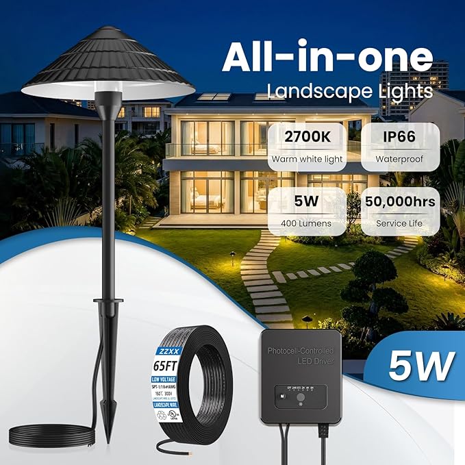 ZZXX All-in-One Low Voltage Landscape Lighting Kit 8-Pathway Lights with 96W Transformer, 5W Dusk to Dawn Outdoor Lighting, IP66 Waterproof LED Landscape Lights, Outdoor Lights 2700K for Yard Patio