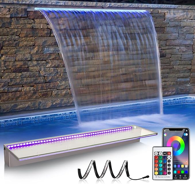 PONDO 36'' APP Pool Waterfall with 16 Colors LED Lights, Acrylic Pond Fountain Set for Outdoor Decorations, Patio Waterfall Spillway Kit on The Wall for Garden, Easy Installation