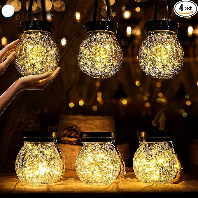 Cooo Christmas Gifts 4 Pack Solar Lanterns Outdoor Waterproof Heavy Crackle Glass 30 LED Warm Firefly Lights Stainless Steel Lid 215% Solar for Women Mom Grandma Outdoor Table Lamps Garden Yard Decor