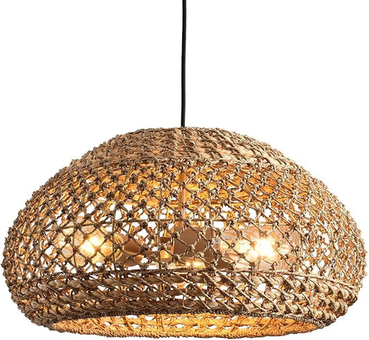 18.89" Large Rattan Pendant Light Fixture, Boho Ceiling Hanging 3-Light Hand-Woven Wicker Chandelier, Suitable for Kitchen Islands, Dining Rooms, and Farmhouses.