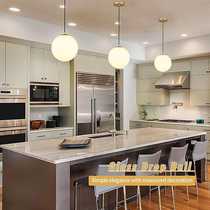 KoKo&Yukina 10" Globe Pendant Light Gold Mid Century Pendant Light Glass Globe Mid Century Modern Light Fixture Brushed Brass Finished with Milk Glass Lampshade for Dining Room Bedroom