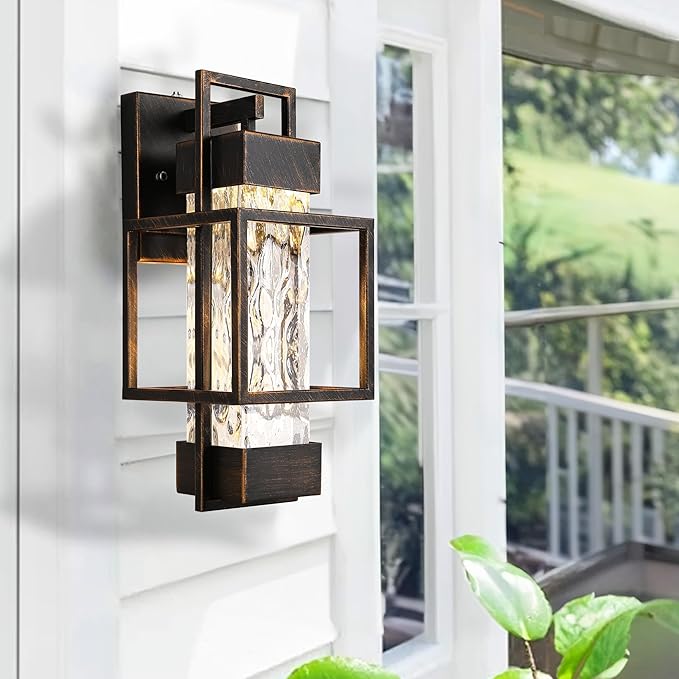 PARTPHONER Modern Outdoor Light Fixture Dusk to Dawn Outdoor Lighting, 15" H Exterior Wall Sconce Waterproof Porch Light, Outside Light for House with Water Glass for Garage Doorway Black Brushed Gold