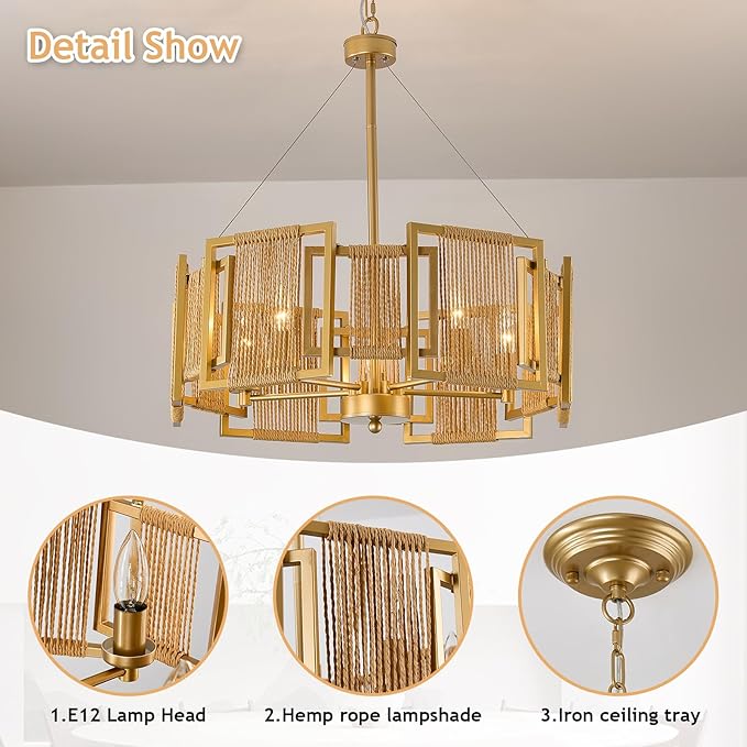 4-Light Boho Rattan Chandelier Light Fixture,Large Hand Woven Gold Pendant Light Fixture Farmhouse Rustic Hanging Light for Kitchen，Bedroom, Dining Room, Living Room, Hallway, Foyer
