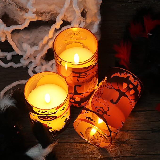 DRomance Pumpkin Glass Flameless Candles with Remote and Timer, Battery Operated Realistic 3D Wick Flickering Real Wax LED Candles Halloween Window Table Holiday Dinner Decor Gifts(3 x 4,5,6 Inches)