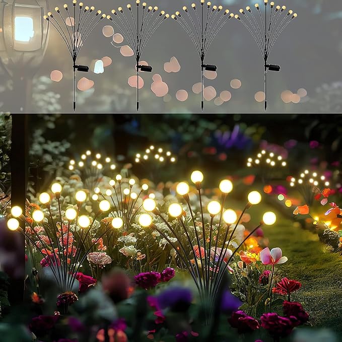 Solar Garden Lights - Pack of 4 Solar Firefly Lights Sway by Wind, Waterproof 40 LEDs Outdoor Lights, Pathway Lights Outdoor for Yard Patio Walkway Decoration, Warm White