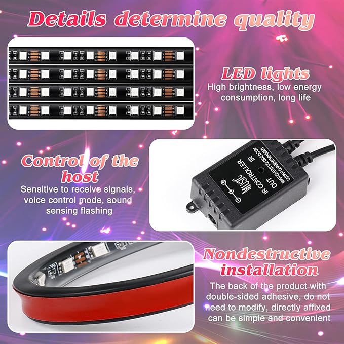 Led Interior Car Lights with Remote, Led Light RGB Rhythm Light Strip RGB Car Lights Music Rhythm car Lights (12V, 4 Lines,48 LEDs)