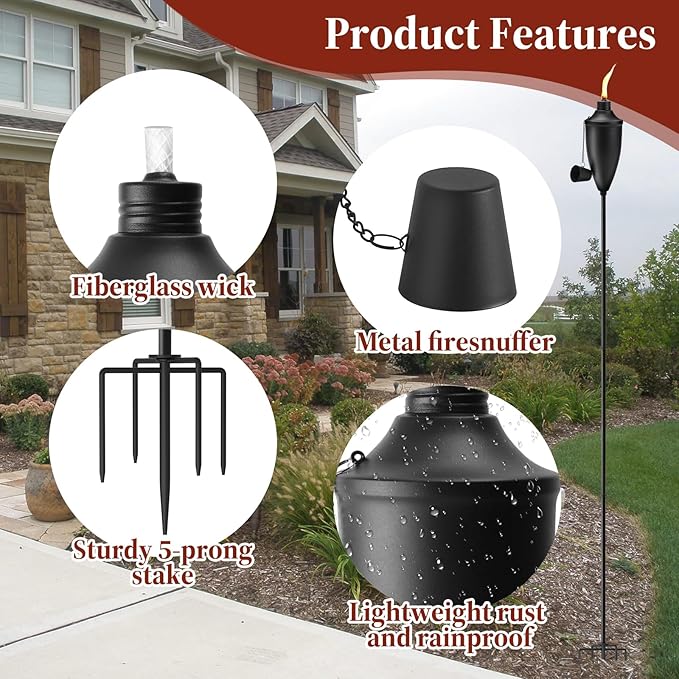 Home Garden Torch Set of 6, Large Capacity 22oz Outdoor Metal Torch Garden Décor, 61 in Upgraded Citronella Torches with 5-Prong Grounded Stake, Torches for Party Patio Pathway