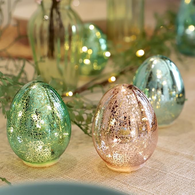 Easter Eggs Decoration Handcrafted Glass Egg Light for Nursery Egg Night Light Battery Operated Ideal Easter Table Decorations (Set of 3)