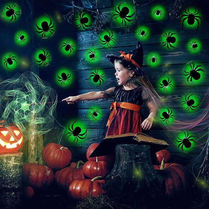 36 PCS LED Green Lighted 3D Spiders Halloween Decoration, 4 Sizes Shapes Removable PVC Spiders Sticker, Waterproof Halloween Spider Wall Decor for Home Indoor Outdoor Room Window Door Wall Party Decor