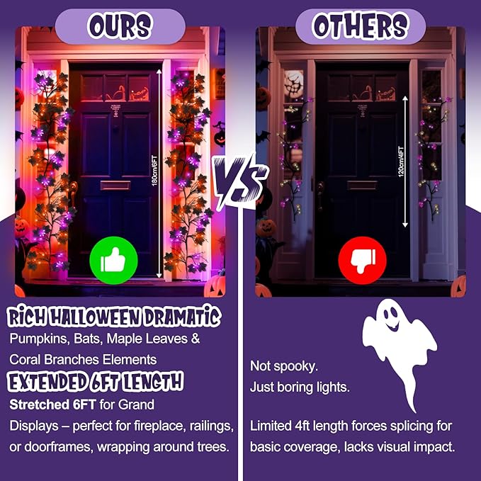 Halloween Garland with Lights, 6FT 54 LED Pumpkin Bat Willow Vine Twig Light Orange Purple Indoor Halloween Lights Decorations, 8 Modes Mansion Fireplace Wall Halloweens Light Up Garland for Mantle
