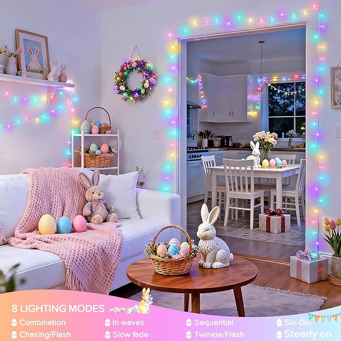 JMEXSUSS 2 Pack 100 LED Easter String Lights Indoor Outdoor, 33ft Multicolor Easter Lights Plug in, 8 Modes Connectable Colorful Christmas String Lights for Easter Bedroom Party Decorations
