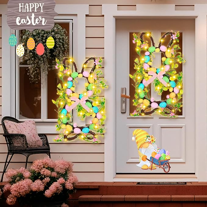 Hotop 2 Pcs Easter Bunny Spring Wreath with 20 LED Lights 23.6'' Easter Rabbit Door Wreath with Bow Eggs Hanging Bunny Wreaths for Front Door Easter Door Hanger for Spring Outdoor Wall Home Decoration