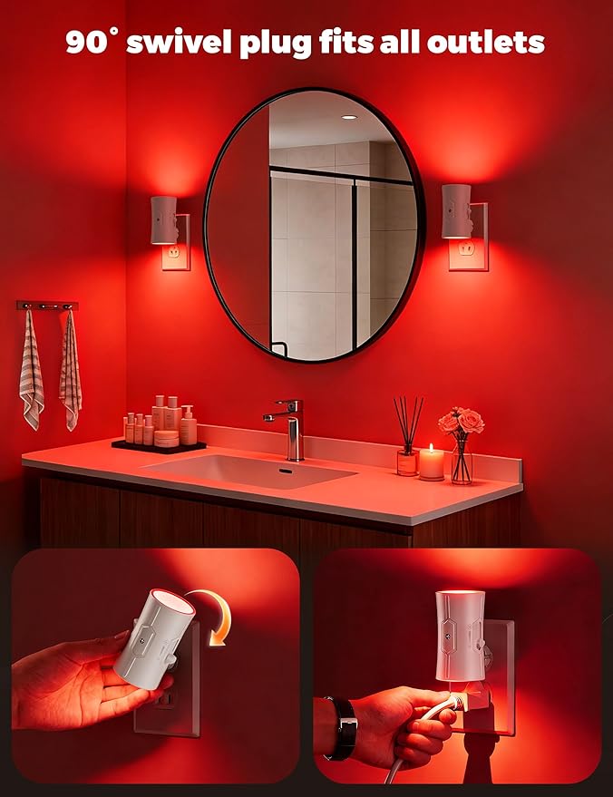 Night Light, Night Lights Plug into Wall [2 Pack], 0-100LM Adjustable Brightness Light Sensor Nightlights Plug in Wall for Hallway, Bathroom, Adults, Red Led Nightlight