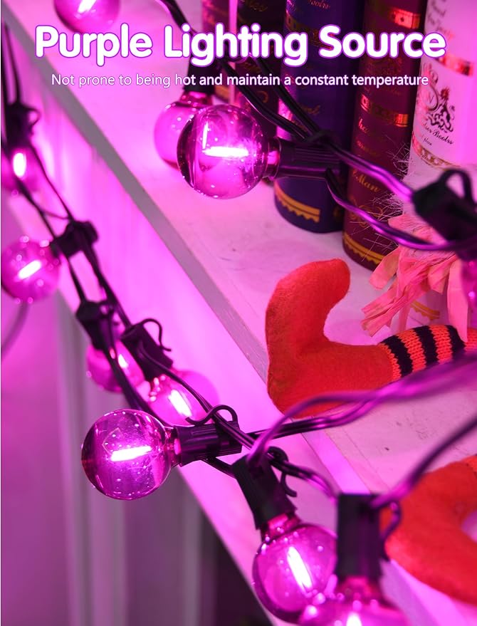 SUNSGNE 25 Pack Halloween Globe Purple Light Bulbs, G40 LED Purple Replacement Light Bulbs for Halloween Christmas String Lights, 0.6 Watt - E12 Candelabra Base