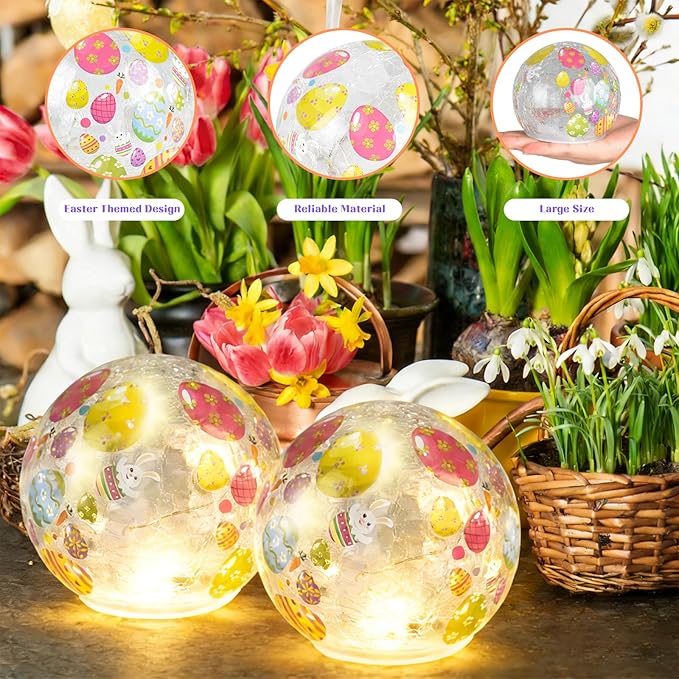 2PCS Easter Glass Ball Lights, 3.93'' Easter Egg Bunny Crackle LED Lights Decorations, Lighted Glass Ball Tabletop Sphere Lamp Decorative Battery Operated for Holiday Indoor Party Table Decor