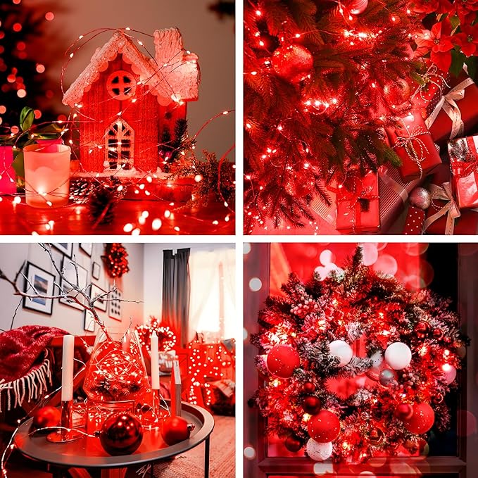 JMEXSUSS 2 Pack Red Fairy Lights Battery Operated, Total 200 LED 66ft Red String Lights Battery Powered with Remote, 8 Modes Christmas Lights for Tree Indoor Outdoor Wreath Bedroom Halloween Decor