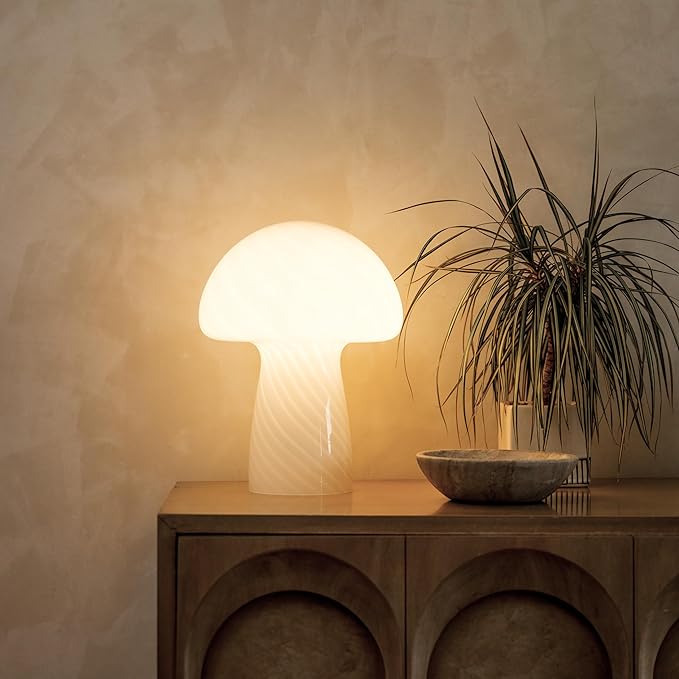Brightech Mushroom Table Lamp 12.75" - Elegant Modern Glass Lamp for Bedside Tables, Nightstands, Desks, Bookshelves - Cozy Ambient Night Light with Warm White Lamp Living Rooms, Bedrooms - White