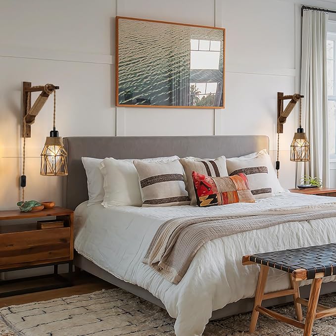 SEEBLEN Plug in Wall Sconces Set of 2,Farmhouse Hanging Lamps That Plug into Wall Outlet, Rustic Metal Cage Sconce with Wooden Bracket for Bedroom Living Room Headboard.