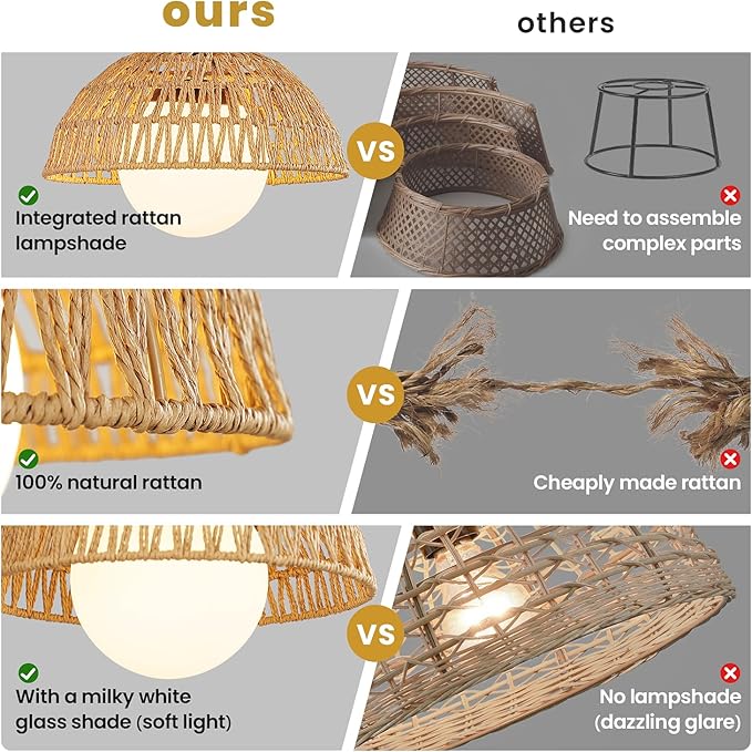 Rattan Pendant Light, 11.8" Hand Woven Boho Pendant Light Fixture with Milk Glass Globe, Gold Kitchen Pendant Lighting Over Island Adjustable Chandelier for Dining Room Hallway Foyer