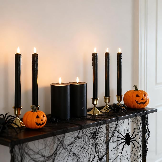 Black Flameless Candles, Battery Operated Candles, Real Wax Black LED Candles, Flickering Remote Control for Home Fall Halloween Decor Party Gifts, Set of 4