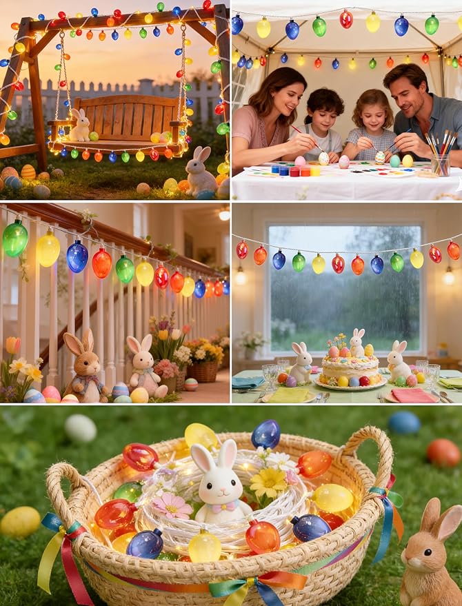 UL 12FT Connectable Easter Lights, 20 LED Electroplated Vintage Eggs,Outdoor Waterproof String Lights, Warm White Multicolor, Patio Garden Window Decor