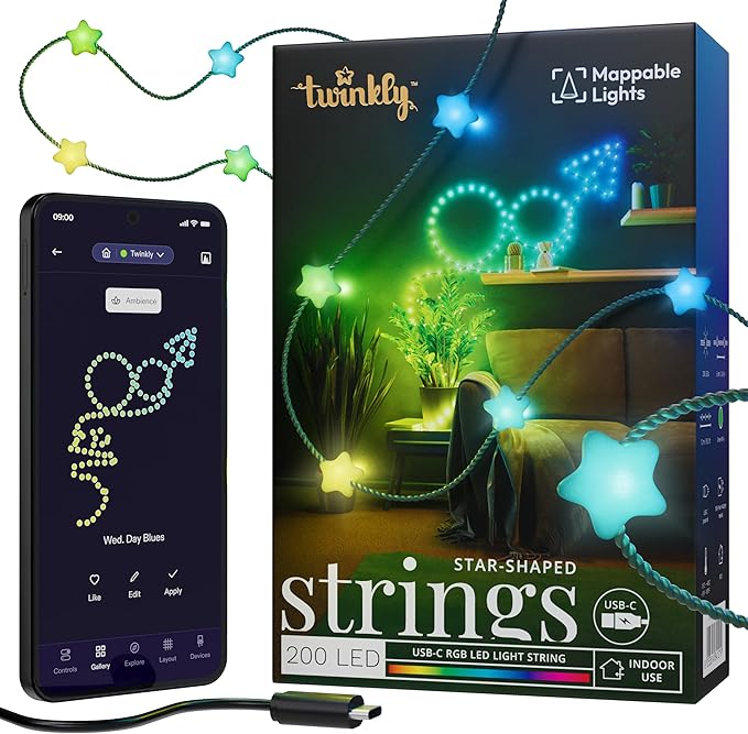 Twinkly Strings USB-C Star 200 LED, Star-Shaped LED Light String, RGB Multicolor LED Lights, Valentine's Day Lights, Compatible with Alexa, Google Home, USB-C Power, Green Wire, 39.4ft