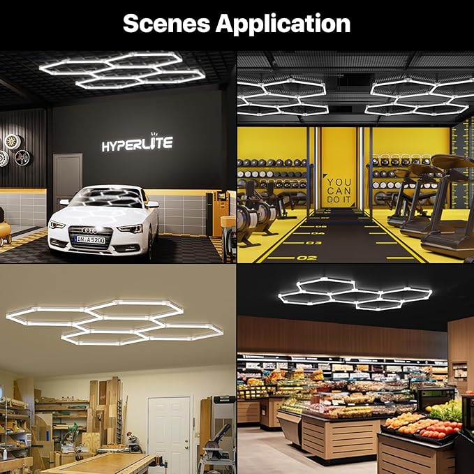 HYPERLITE Gen 2 Hexagon Garage Lights: 168W 16800LM 5 Grids Hexagon Led Light, 6500K Ultra Bright Honeycomb Hex Lights, Durable Design for Garage, Shop, Basement, Barber, Homegym