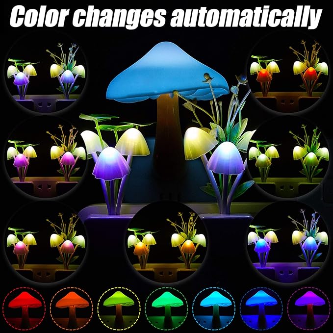 Mudder 6 Pack Mushroom Night Light LED Night Light Plug in Lamp 7 Color Changing Magic Cute Shaped Lamp Wall Decor for Adults Bathroom Home(Water Plants, Lotus Leaves, Mushroom)