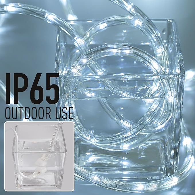 Waterproof LED Rope Lights, Connectable & Flexible with 8 Modes, Outdoor Lighting for Deck, Garden, Pool, Patio & Christmas Decor (White, 50ft)