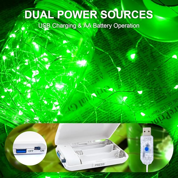 Aogist 2 Pack-50LED Fairy Lights 16ft Dual Power(USB/Battery) with Remote & Timer, 8 Modes Flexible Copper Wire Waterproof String Lights for Outdoor Christmas Wedding Bedroom Party Decor,Green