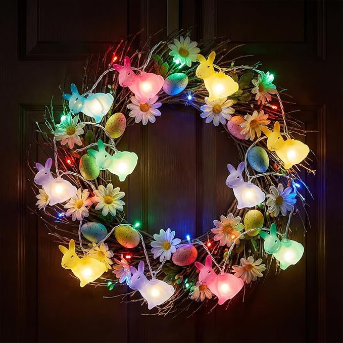 Easter Rabbit String Lights, 8.5ft 10 Count Multicolor Bunny Lights White Wire, UL Certified Connectable, Cute Easter Decorations for Home Indoor Outdoor Spring Party