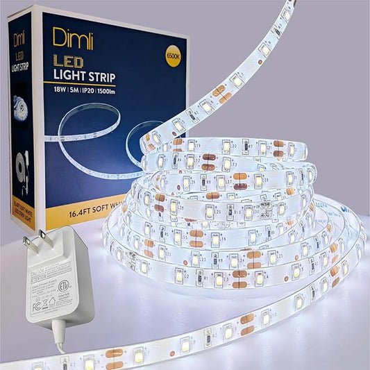 16.4FT Bright White LED Strip Lights, Cool White 300 LEDs 6500K Waterproof Light Strip LED Lights for Bedroom, Kitchen Cabinets, Living Room, ETL Adapter Included(6500K Bright White, 16.4FT)