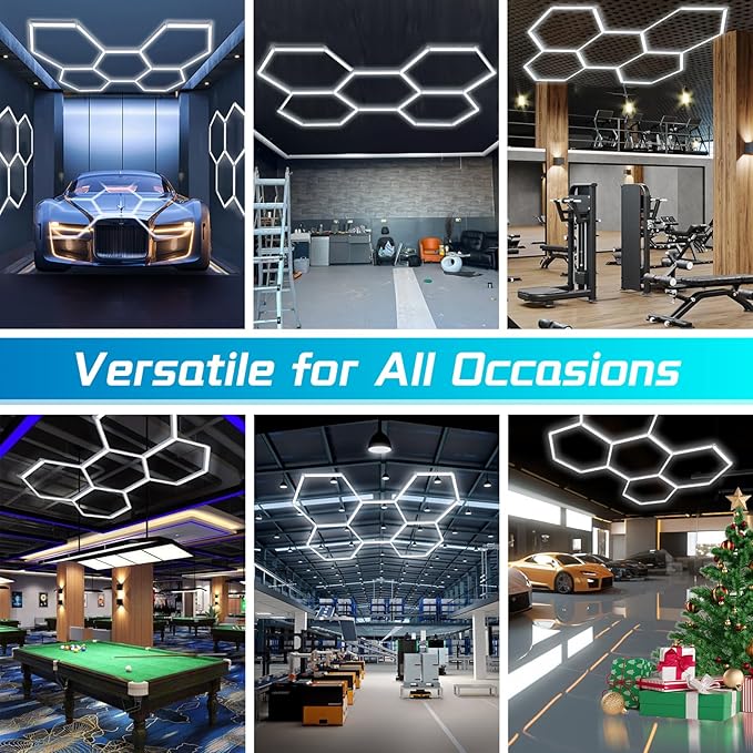 Hexagon Garage Lights,192W 21000LM,5 Grids Hexagon Led Lights,7000K Honeycomb Lights for Garage,Car Detailing Shop, Basement,Warehouse