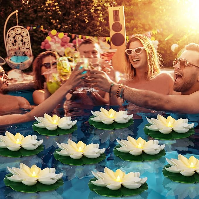 LACGO 12 PCS Waterproof Floating Lotus Light - Floating Flower Light Battery Operated Water Activated Warm White Pool Flower Lamp Wedding,Anniversary,Garden Decoration