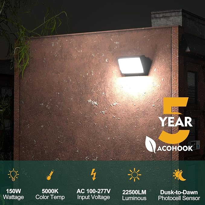 10Pack 150W LED Wall Pack Lights, 100-277v Dusk to Dawn with Photocell, 22500Lm 5000K Daylight IP65 Waterproof Outdoor Security Lighting, Energy Saving, ETL | 5-Year Warranty(Height:10~20ft)