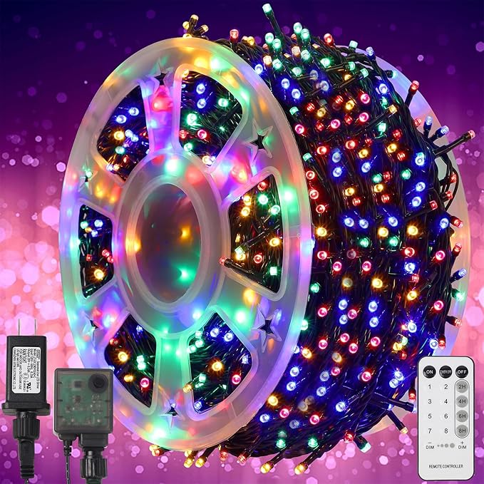 WATERGLIDE 1000 LED Christmas String Lights, 328 FT Green Wire LED Decorative Fairy Lights with Remote & 8 Modes, Waterproof for Outdoor Xmas Holiday Party Garden Wedding Home Decor, Multicolor