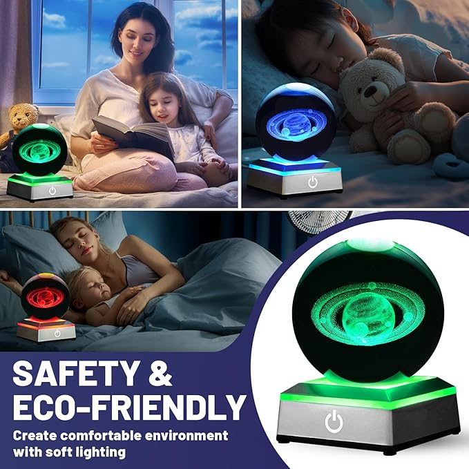 3D Saturn Crystal Ball Night Light with LED Colorful Lighting Touch Base 3.15 In Galaxy Planets Glass Ball Lamp Paperweight Saturn Astronomy Gift Decor for Boys Girls Kids Birthday Christmas