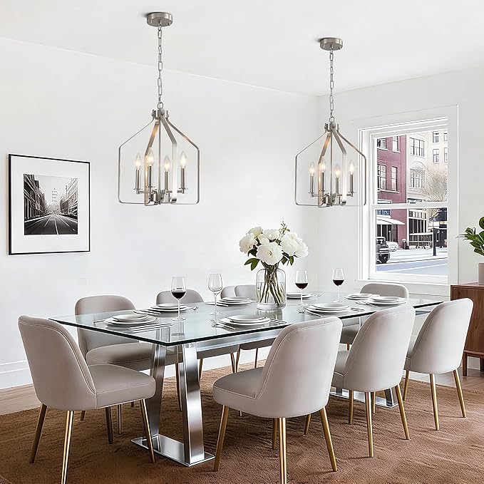 4-Light Brushed Nickel Chandelier, Geometric Farmhouse Cage Pendant Light, Adjustable Industrial Rustic Fixture for Dining Room, Kitchen Island, Entryway & Bedroom
