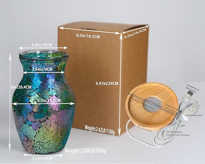 8-Inch Handcrafted Mosaic Cracked-Ice Vase Bedside Lamp with USB-Powered LED Wooden Base,Single-Switch Auto-Cycle RGB Mood Light, Purple-Green Vase USB Night Light for Party,Camping Decor