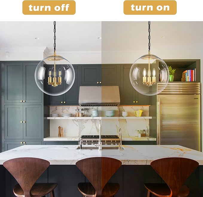 KoKo&Yukina 13.7" Gold Globe Pendant Light Mid Century Pendant Light Clear Glass Pendant Lights Kitchen Island Adjustable Hanging Light Fixture for Dining Room Bedroom Kitchen Island