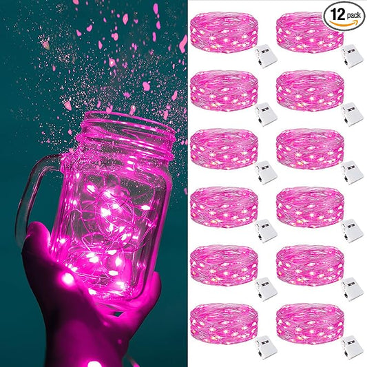 ZGWJ Fairy Lights Battery Operated, 12 Pack Twinkle String Lights 20 LED 7ft 3 Lighting Modes for Bedroom Decor, Valentines Day, Halloween, Christmas, Party Indoor and Outdoor Decoration Pink