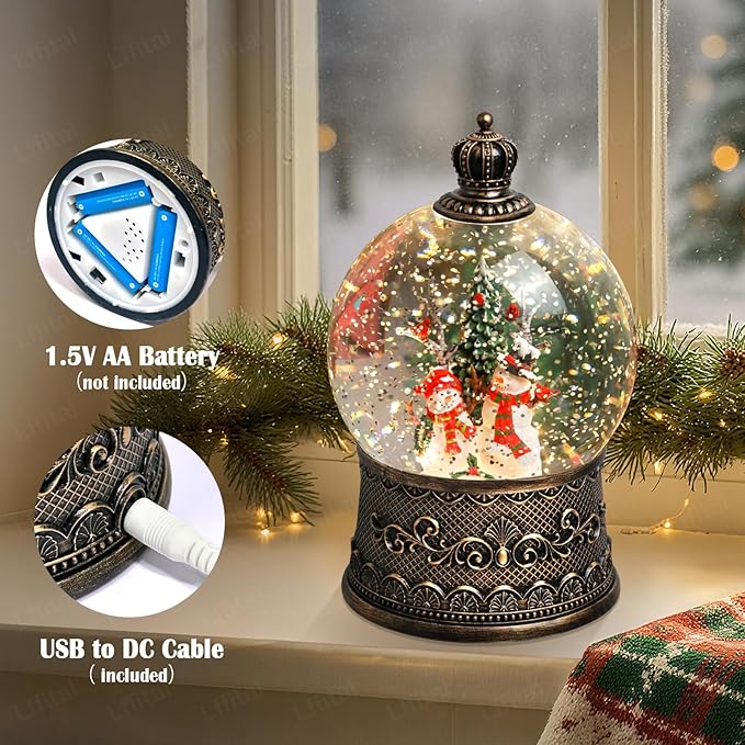 Snowman Snow Globe Lantern Christmas Snow Globes, Lighted Christmas Decorations Indoor for Home with Music Timer Glitter, Musical Snowglobe Festival Gifts, USB & Battery Operated