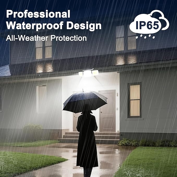 White Solar Security Light Outdoor Super Bright LED, Motion Sensor Solar Flood Light, 3 Heads 270° Wide Angle, Remote Control,IP65 Waterproof, 3 Modes (4 Packs)