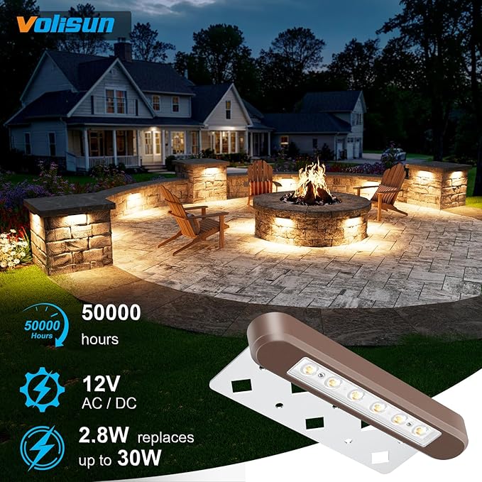 VOLISUN 7 Inch Retaining Wall Lights, IP67 Waterproof Hardscape Lighting, Cuttable Low Voltage Lighting, 12V Paver Lights, 2.8W Outdoor Step Landscape Lights, 2700K Soft White (6 Pack)