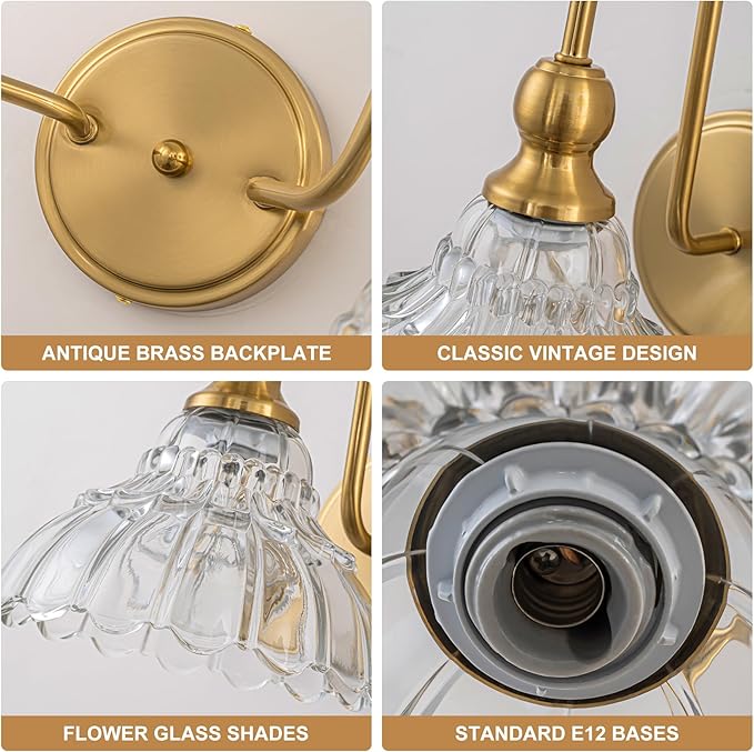Vintage Bathroom Light Fixtures Over Mirror, 2-Light Brass Wall Sconce Lighting with Flower Glass Shade, Farmhouse Vanity Lights for Bedroom Kitchen Living Room Hallway Light
