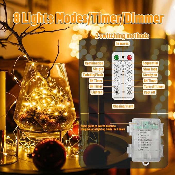 LAMPHOME 100 LED 33FT Fairy Lights Battery Operated with Remote, Mini Starry String Lights,Multi Functions & Timer, Twinkle Light for Christmas Home Bedroom Wedding DIY Centerpiece Decor,Warm White